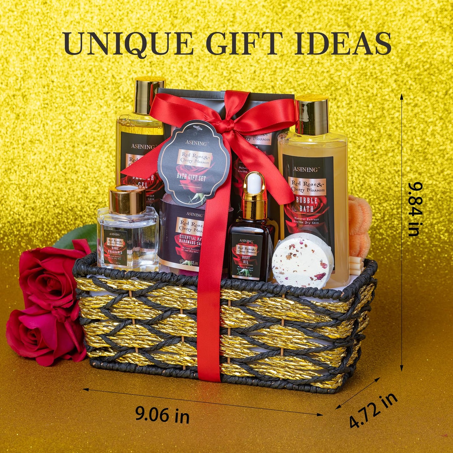 Luxury 14 pcs Cherry Blossom & Rose Bath and Body Basket Gift, Face Skin Care Kit, Home Spa Self Care, Relaxing Care Kit, Birthday, Christmas, Mother, Bridal Shower, Anniversary