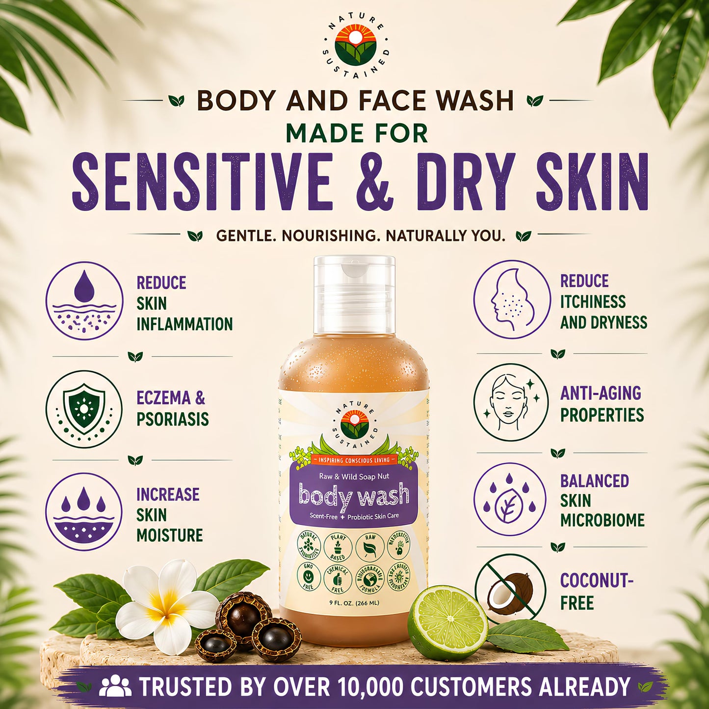 Nature Sustained Organic Body Wash & Face Wash – Raw & Wildcrafted with Probiotics, Soapberry Formula for Eczema & Psoriasis - Wild Plants Selected for Sensitive & Dry Skin, 9oz, Original