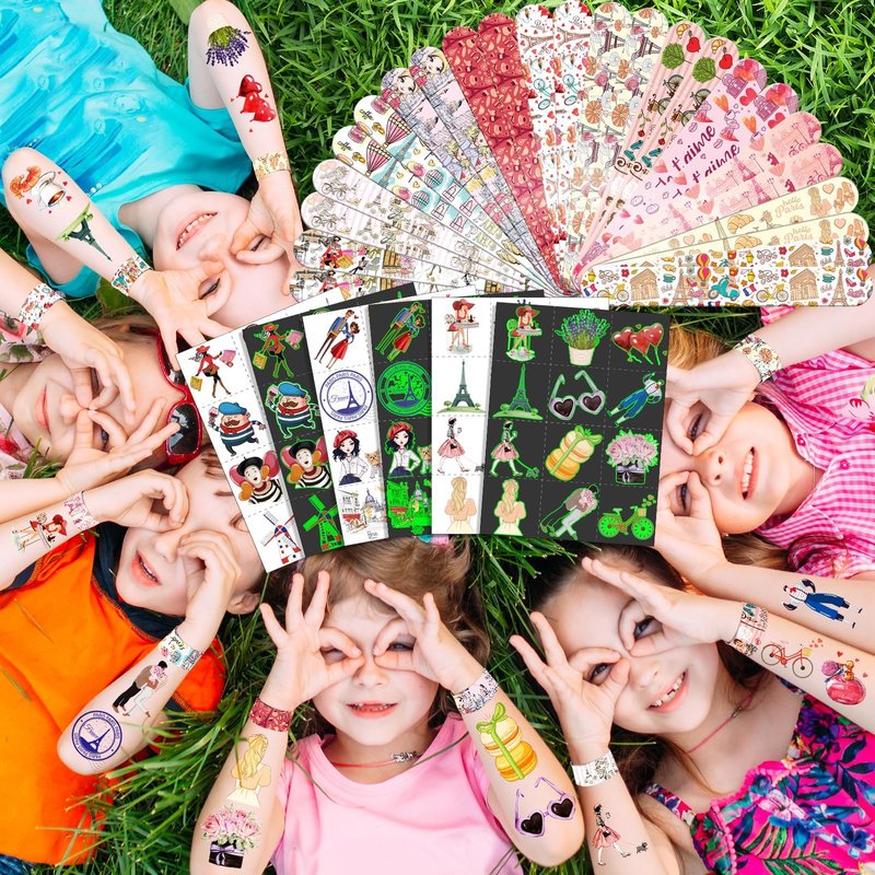 BOIKOKY 96 PCS Paris Party Favors Set – 72 Temporary Tattoos & 24 Slap Bracelets for Kids, Paris Themed Party Decorations & Gifts, Ideal Paris Souvenirs and Decor Toys