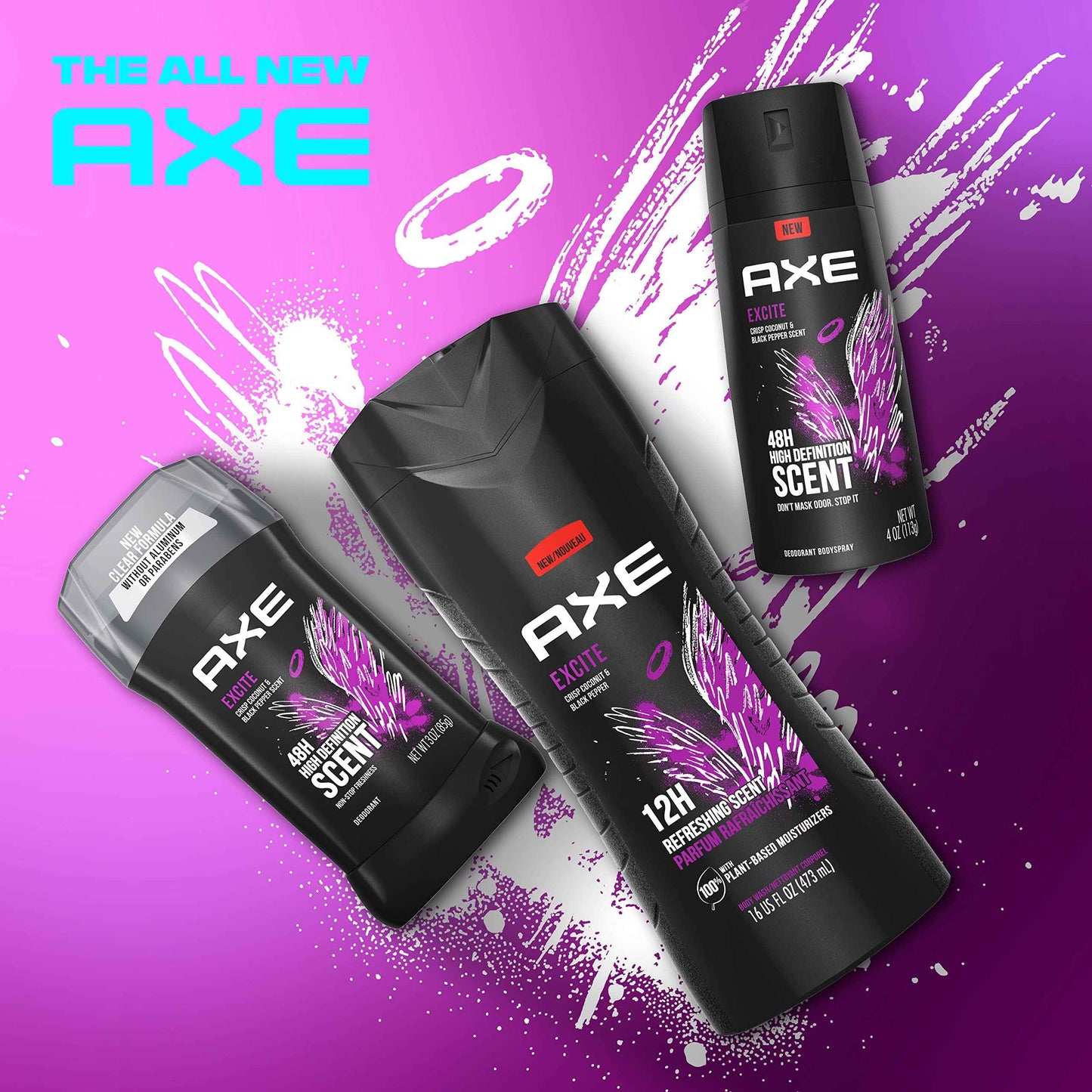 AXE Body Wash 4 Count 12h Refreshing Scent Excite Crisp Coconut & Black Pepper Men's Body Wash with 100% Plant-Based Moisturizers 16 oz