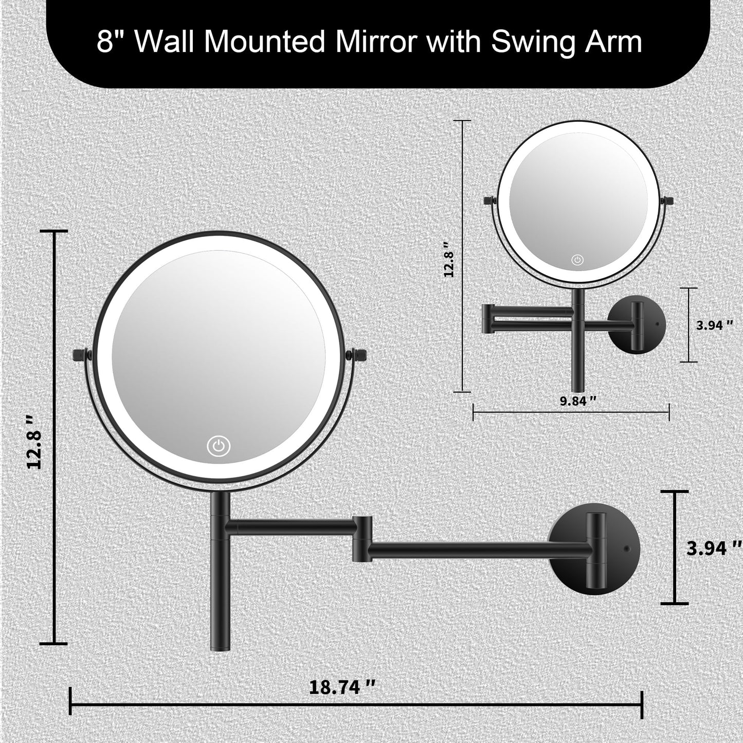 LANSI Wall Mount Makeup Mirror with Lights and 1X/10X Magnification, Black