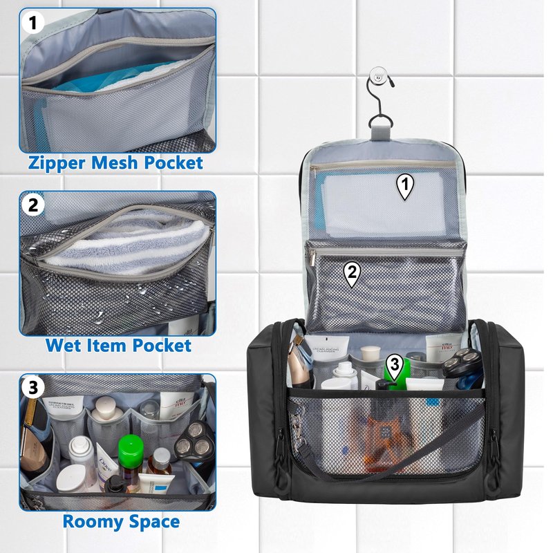 Prokva Hanging Toiletry Bag for Men, Tactical Dopp Kit Toiletry Travel Bag, Large Hygiene Organizer Shower Bag for Camping Outdoor, Black