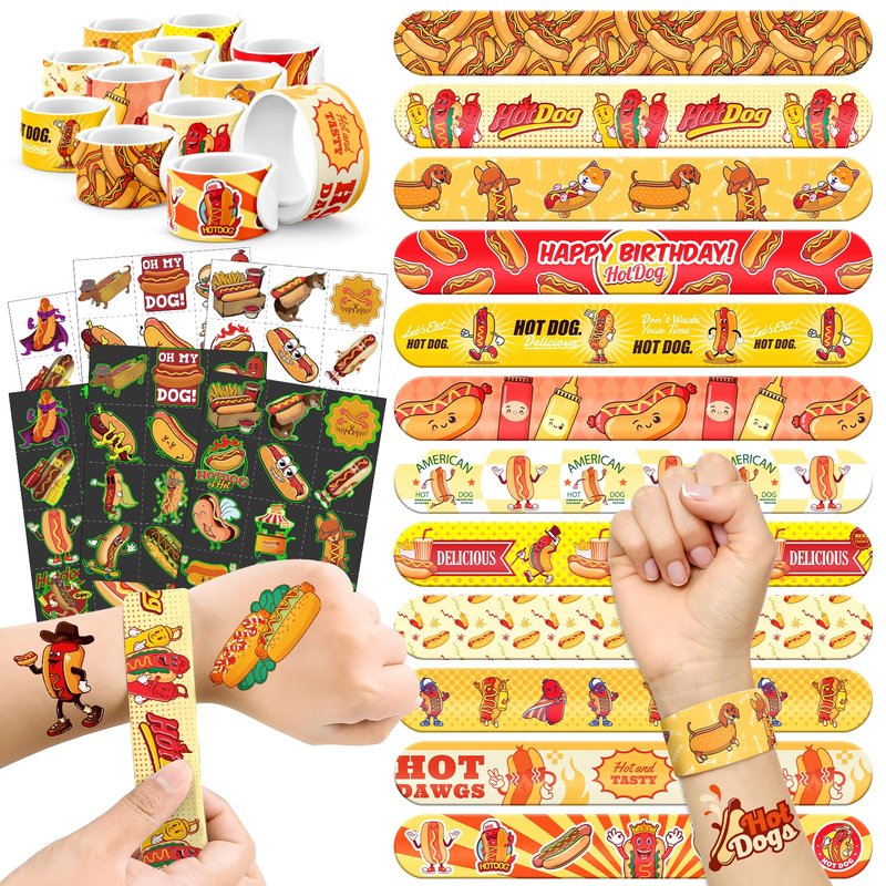 BOIKOKY 96 PCS Hot Dog Party Favors Set – 72 Pre-Cut Temporary Tattoos & 24 Slap Bracelets for Kids, Perfect for Food-Themed Birthday Parties, BBQ Celebrations & Classroom Rewards