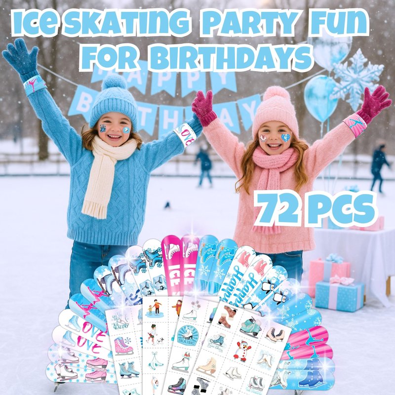 72PCS Ice Skating Party Set - 48PCS Temporary Tattoos & 24PCS Slap Bracelets - Fun Winter Sports-Themed Birthday Supplies, Baby Shower Gifts, Classroom Rewards & Party Decor for Kids (Boys & Girls)