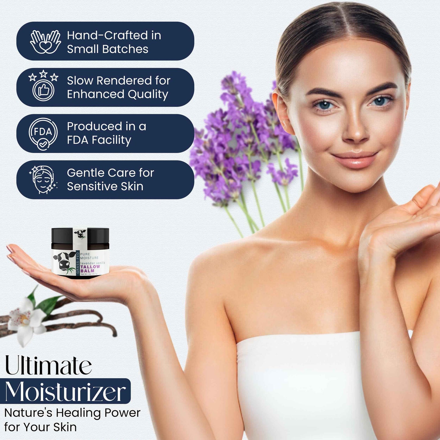 Hygge Beaute Beef Tallow for Skin - Handmade Organic Grass Fed Beef Tallow Face Moisturizer - 2 OZ Lavender Vanilla Scented Beef Tallow Balm with Deep Hydration, Soothing Relief, Skin Repair