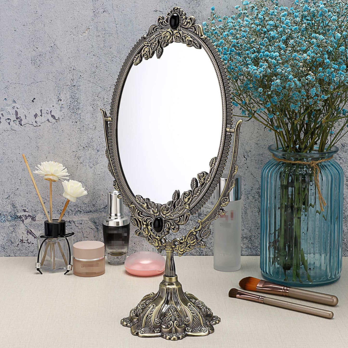 JUXYES Metal Tabletop Antique Decorative Makeup Mirror with Stand
