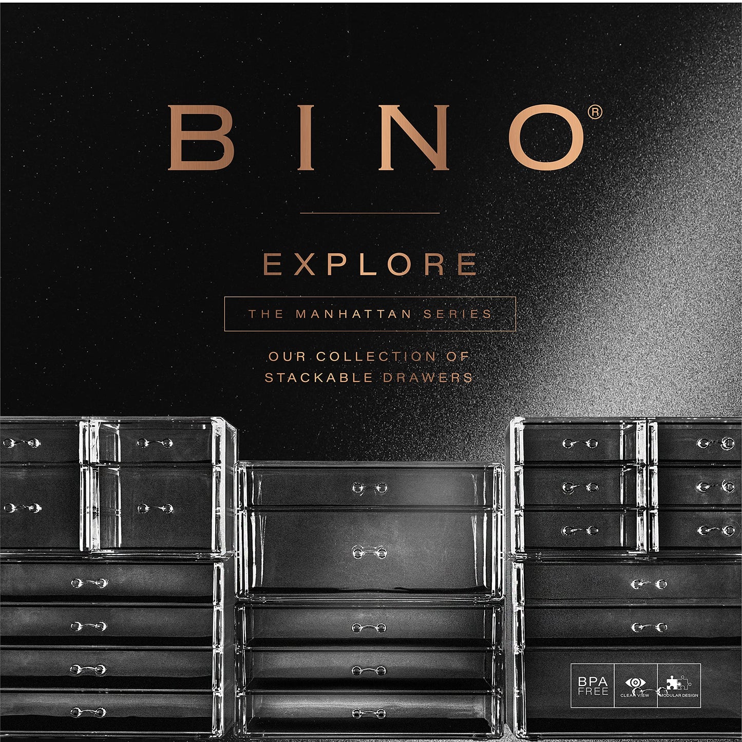 BINO | 3-Drawer Makeup Organizer, Park Avenue | THE MANHATTAN SERIES | Modular Design Storage Drawers | Vanity Acrylic Organizers | Stackable Storage Bins | Clear Makeup Organizers And Storage