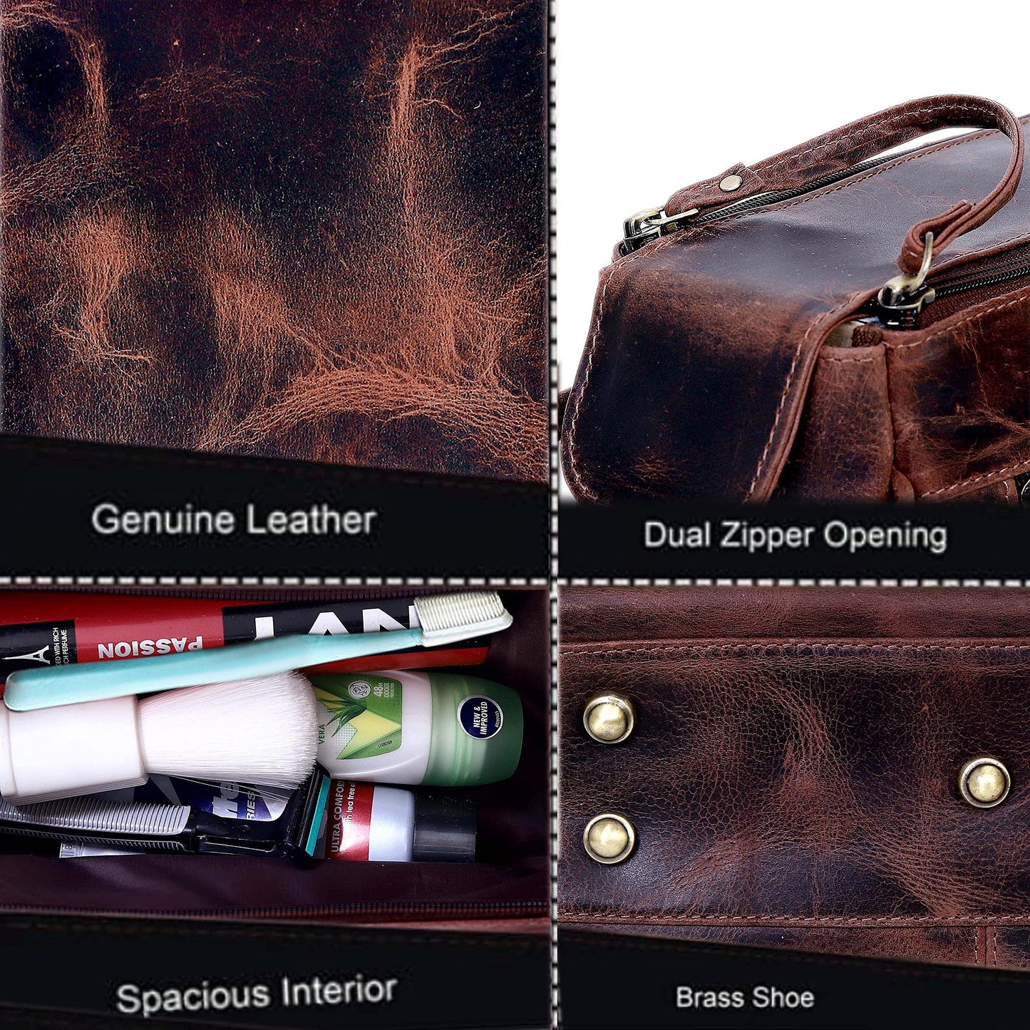 Genuine Buffalo Leather Unisex Toiletry Bag Travel Dopp Kit