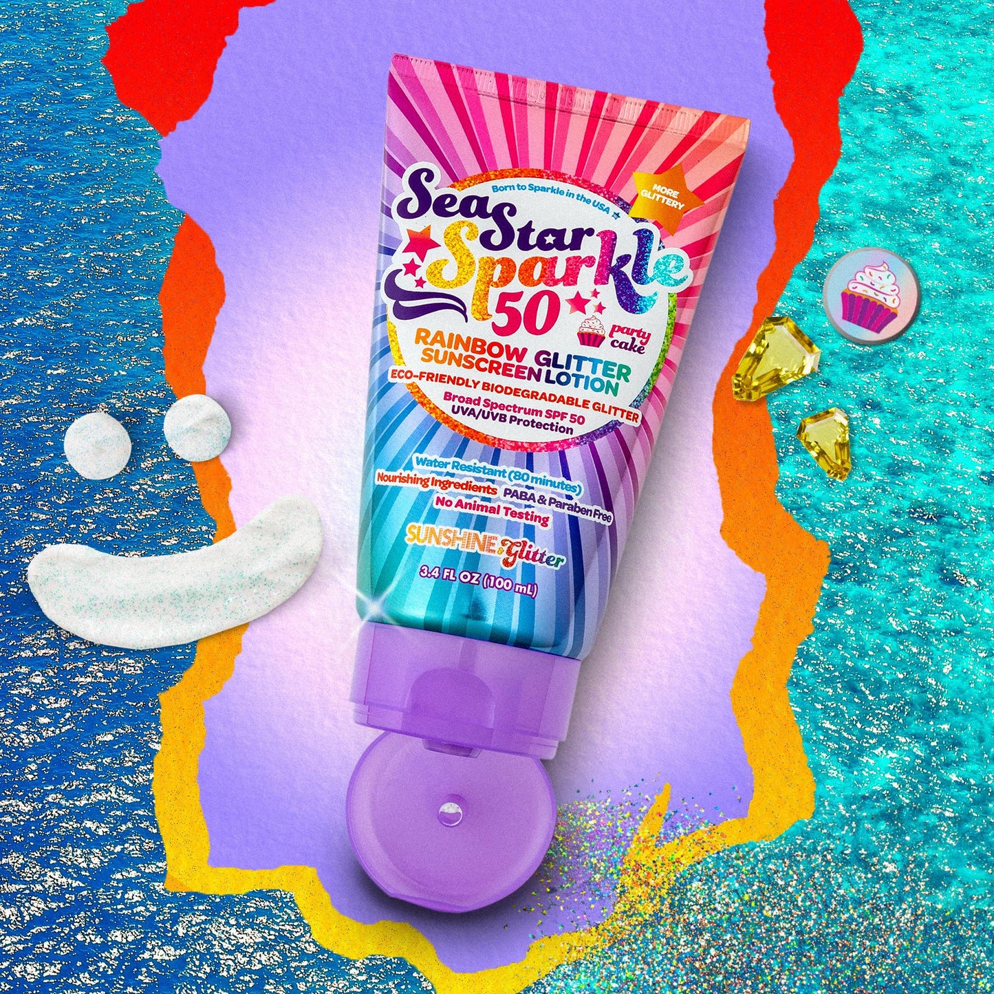 Sea Star Sparkle | Party Cake | Biodegradable Glitter Sunscreen SPF 50 for Kids | Rainbow | Broad Spectrum UVA/UVB | Water Resistant | Beach & Pool FUN SPF | Made in USA | Sunshine & Glitter