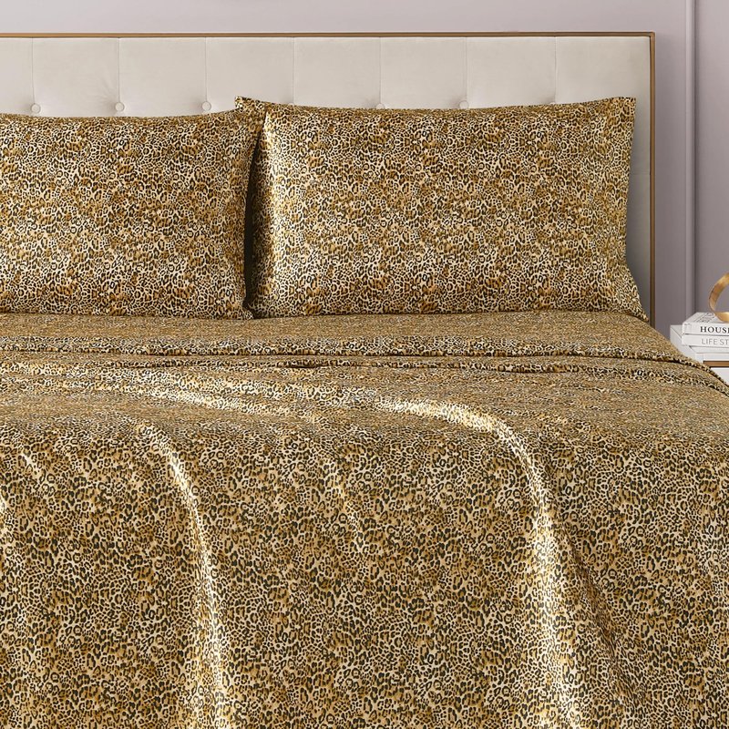 Juicy Couture Queen Size Satin Bed Sheet Set, Deep Pocket Silky Queen Sheet Set with 1 Fitted Sheet, 1 Flat Sheet, 2 Pillowcases, Wrinkle Resistant and Anti Pilling Bed Sheets - Monica Leopard