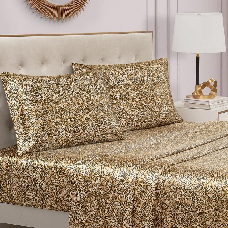 Juicy Couture Queen Size Satin Bed Sheet Set, Deep Pocket Silky Queen Sheet Set with 1 Fitted Sheet, 1 Flat Sheet, 2 Pillowcases, Wrinkle Resistant and Anti Pilling Bed Sheets - Monica Leopard