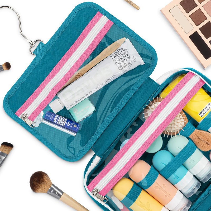 Eco Sun Hanging Travel Toiletry Bag — Designed in Hawaii — Water-Resistant Travel Organizer for Bathroom Accessories (Teal/Hot Pink)