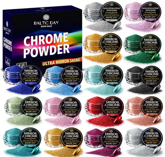16 Colors Chrome & Holographic Nail Powder Set – Metallic Mirror Effect Pigments for Nail Art, Gel Polish, Acrylic, Dip Nails – Shimmer Powders for Resin Epoxy, Jewelry Making, Crafts & DIY Decoration