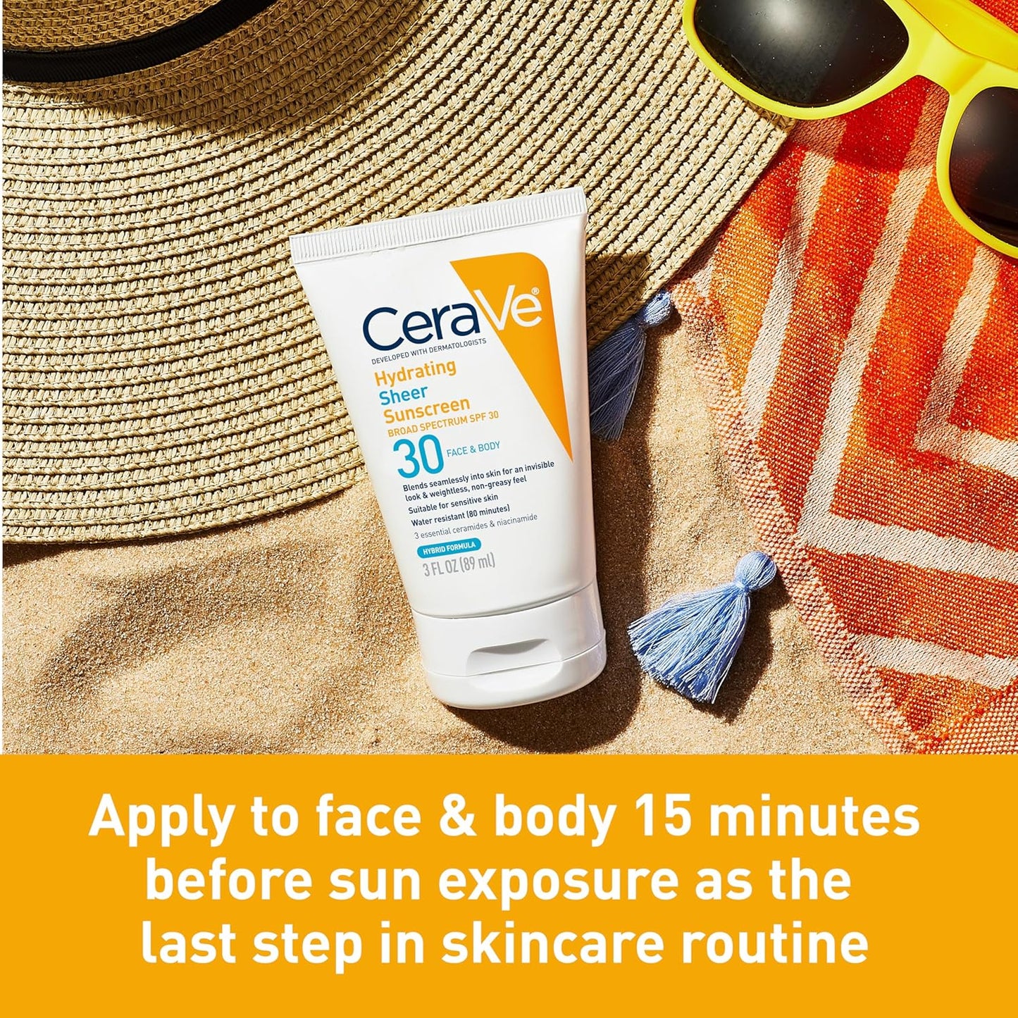 CeraVe Hydrating Sheer Sunscreen SPF 30 - Mineral & Chemical Formula with Zinc Oxide | 3 Ounces, Paraben-Free
