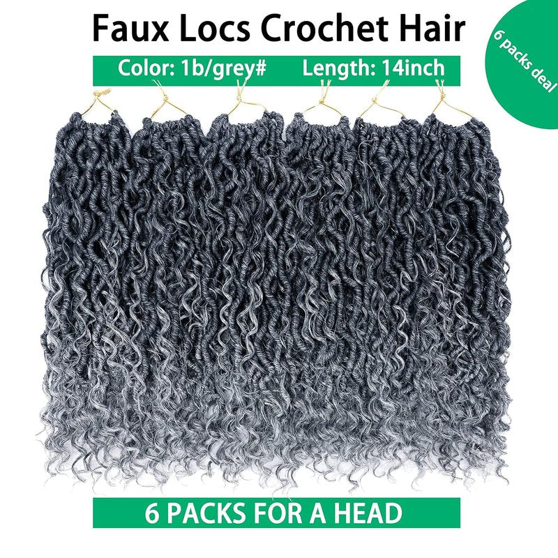 Faux Locs Crochet Hair - 14 Inch Ombre Grey Goddess Locs | 6 Packs Soft River Curly Pre-Looped Braids