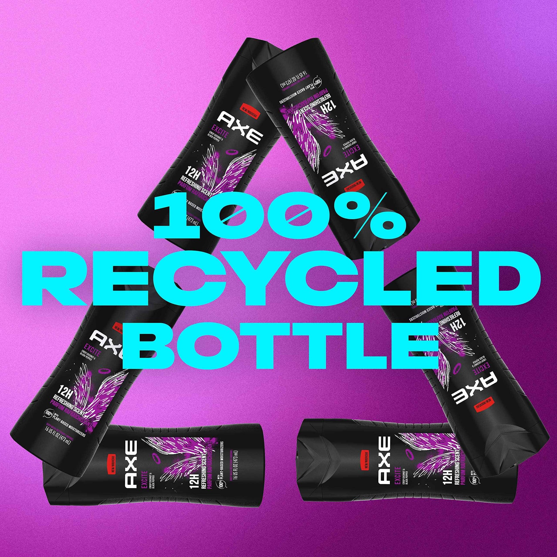 AXE Body Wash 4 Count 12h Refreshing Scent Excite Crisp Coconut & Black Pepper Men's Body Wash with 100% Plant-Based Moisturizers 16 oz