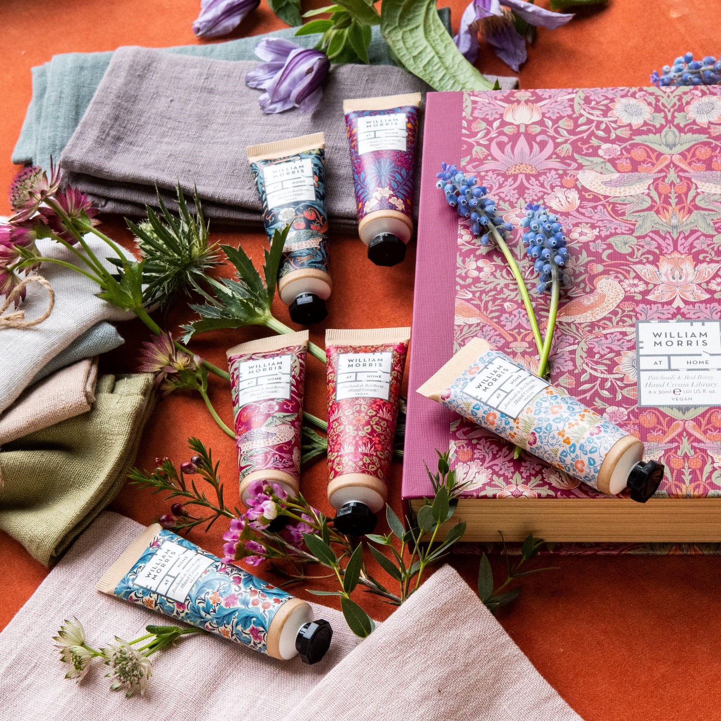 William Morris at Home Patchouli & Red Berry Hand Cream Gift Set Collection | Infused With Shea Butter & Essential Oils | Travel Friendly Sizes | 6 x 30ml