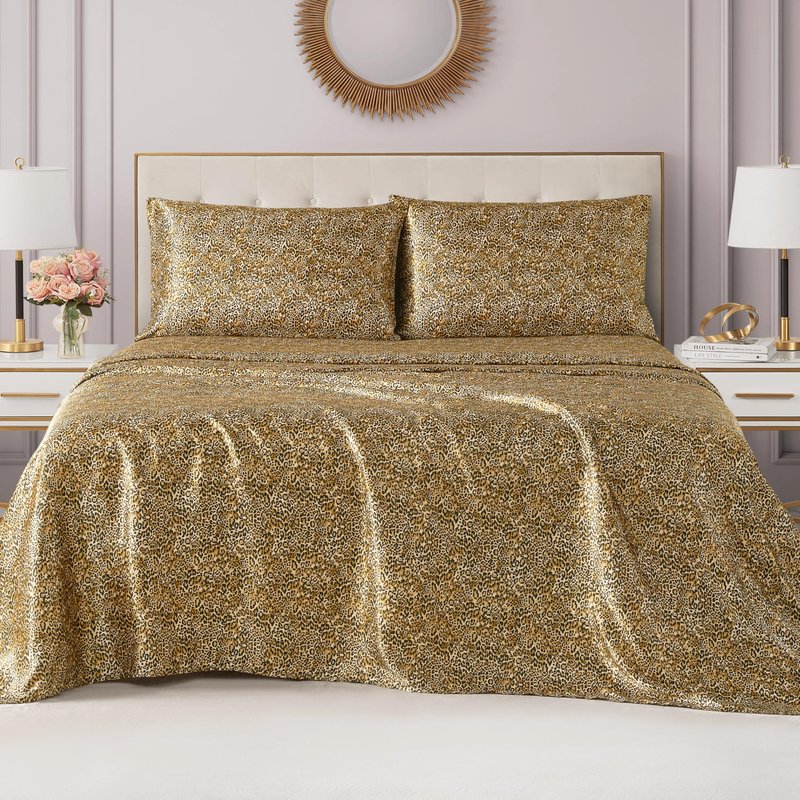 Juicy Couture Queen Size Satin Bed Sheet Set, Deep Pocket Silky Queen Sheet Set with 1 Fitted Sheet, 1 Flat Sheet, 2 Pillowcases, Wrinkle Resistant and Anti Pilling Bed Sheets - Monica Leopard